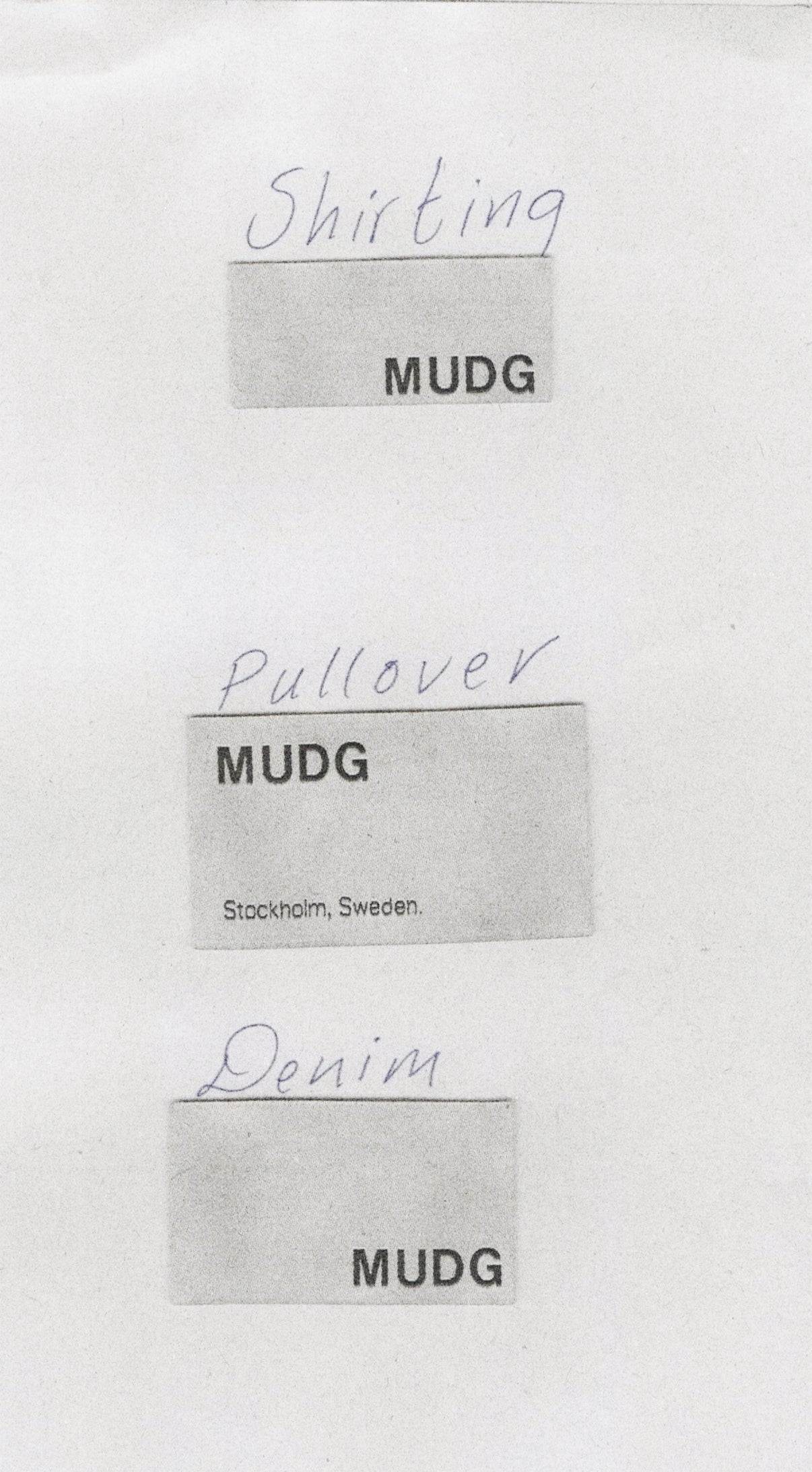 Text labels on fabric swatches indicating 'Shirting', 'MUDG', 'Pullover', 'Denim' with 'MUDG' branding.