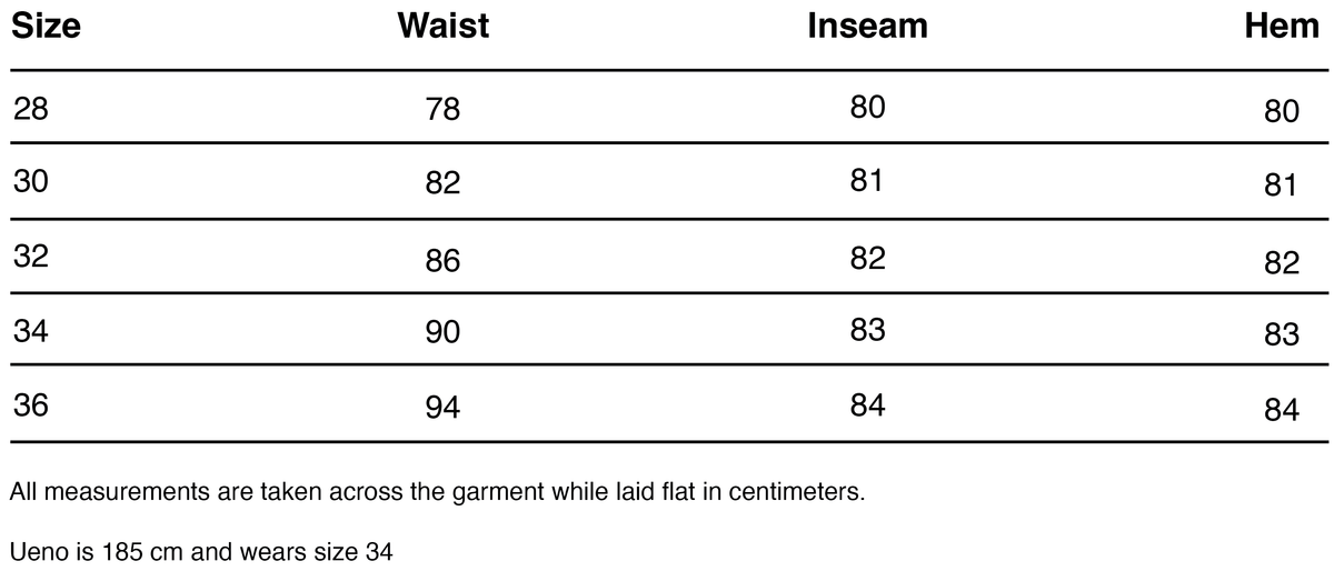 Size chart for Katla Trousers