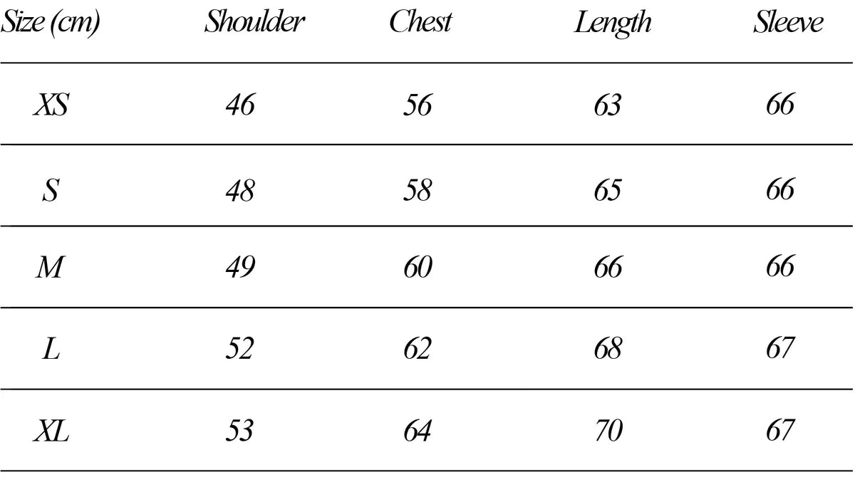 Size chart for HYSTM Knitted Sweater